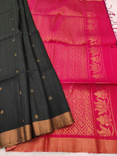 Slate Black Raw Silk Saree With Crimson Pallu - MIRASILKS Slate Black Raw Silk Saree With Crimson Pallu